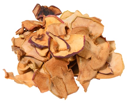 A heap of thin, crispy dried apple slices with varying shades of brown and some reddish peel, isolated background photo