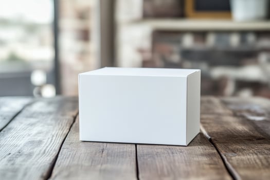 A white cube sitting on a wooden table photo