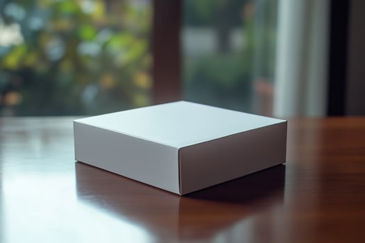 White box on table with blurred background photo