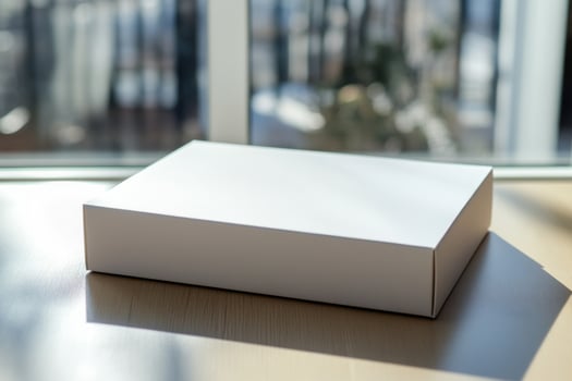 White box mockup on wooden table with sunlight photo