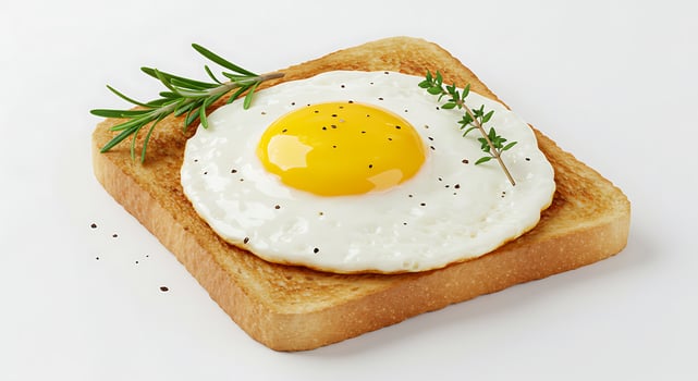 Fried Egg on Toast with Rosemary and Thyme Sprigs Isolated photo