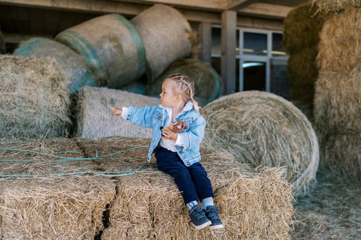 Little girl sits on a haystack at the farm and points to the side photo