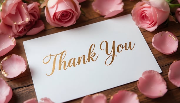 Thank You Card with Pink Roses and Rose Petals on Wood photo