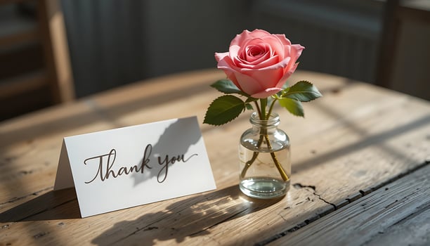 Thank You Card and Single Rose on Wooden Table photo