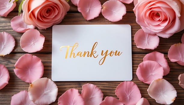 Thank You Card with Rose Petals on Wood Background photo