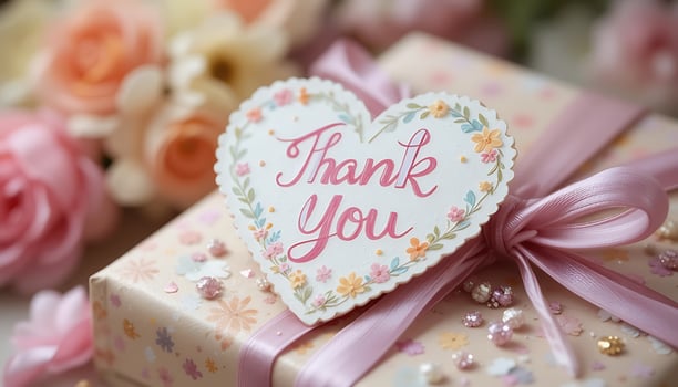 Present with Thank You Card and Flowers Arrangement photo