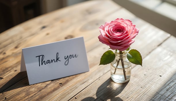 Thank You Card with Pink Rose on Wooden Table photo