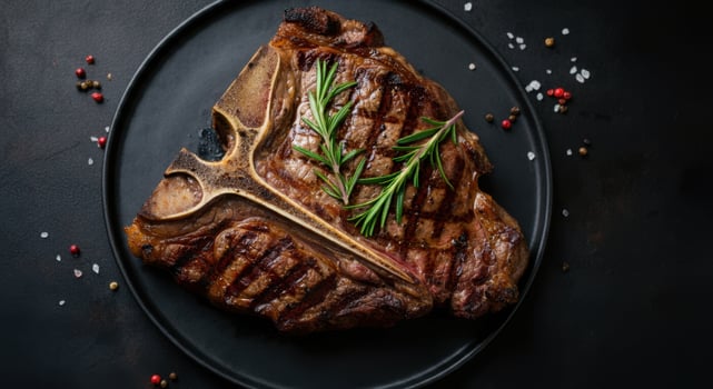 Grilled T-Bone Steak with Fresh Rosemary on Black Plate photo