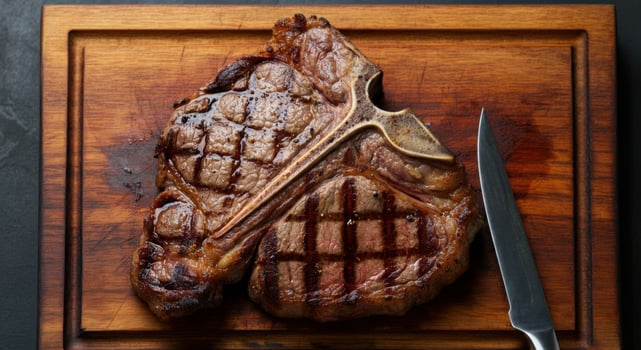 Juicy T-Bone Steak on a Wooden Cutting Board with Knife photo