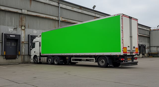 Green Trailer Truck at Warehouse Loading Dock photo