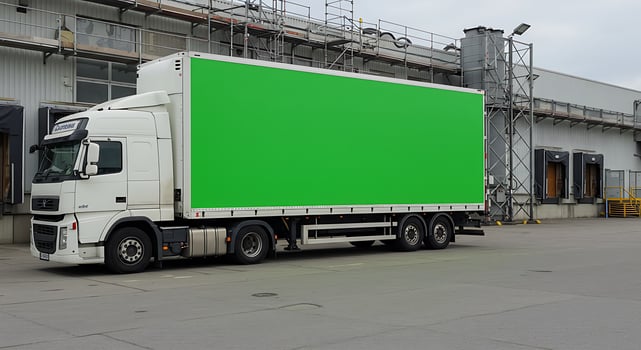 White Truck with Green Trailer Parked at a Warehouse photo