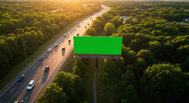 Green Billboard Aerial View. Highway Sunset Advertising photo