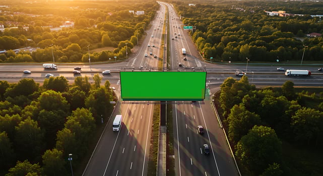 Aerial View of Green Billboard on Highway at Sunset photo