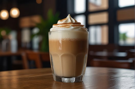 Closeup hot latte coffee glass on wood table at the cafe photo