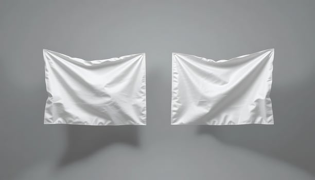 Two White Cloth Banners Hanging on Gray Wall Mockup Display photo