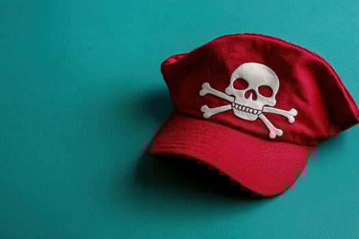 Red pirate hat with skull and crossbones on a teal background photo