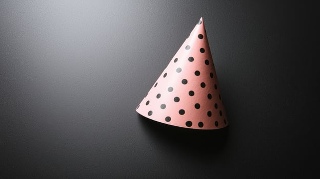A pink party hat with black polka dots on a dark background photo