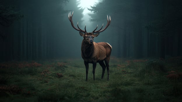 Majestic elk stands in a misty forest clearing photo
