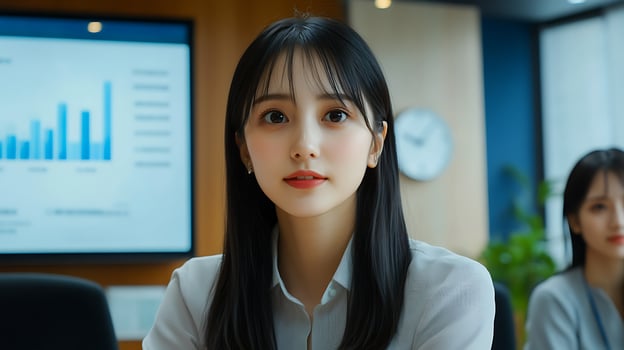 businesswoman confidently presenting bar chart on screen to group of attentive coworkers inside modern conference room, natural lighting, photo