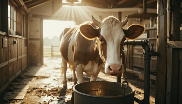A cow is standing in a barn with a bucket photo