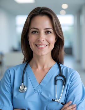 Close-up portrait of a smiling female healthcare professional in blue scrubs with a stethoscope around her neck, arms crossed. Bright hospital corridor with blurred background. Represents nursing photo