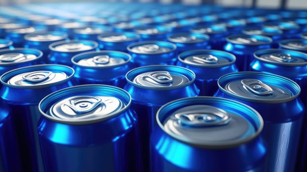 Production line filled with metallic blue beverage cans ready for distribution photo