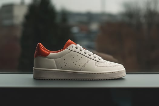 Stylish sneakers displayed on a windowsill with a blurred urban background in daylight photo