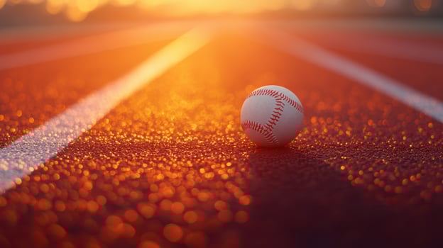 Baseball on track at sunset - sports and fitness concept for backgrounds and posters. Symbolism of fresh starts photo
