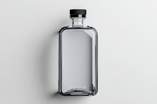 Transparent glass bottle with black cap resting on a light surface photo