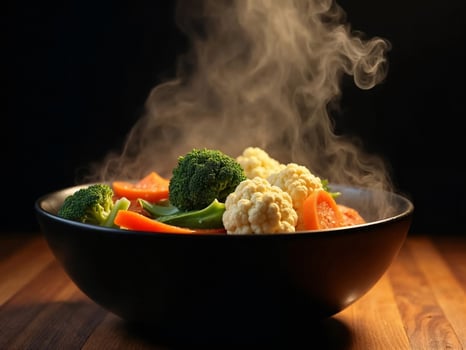 Steaming Bowl Of Fresh Vegetables With Broccoli Cauliflower Tomatoes And Carrots On Wood photo