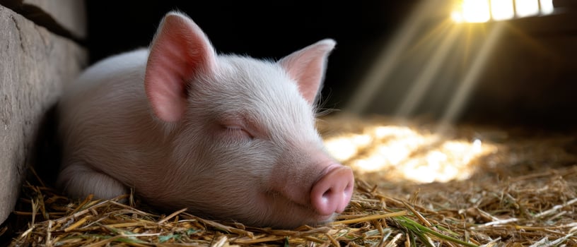 Sleeping piglet in barn farm animals natural environment sunny rays peaceful scene photo