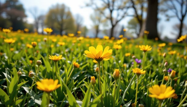 Bright yellow flower blooming in peaceful meadow, vivid nature contrast photo