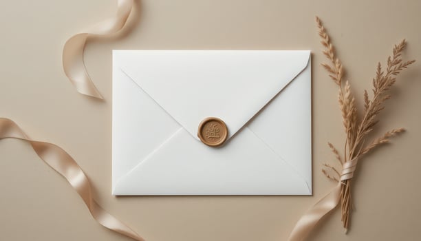 Elegant White Envelope With a Wax Seal Next to Dried Flowers and Ribbon on a Neutral Background photo