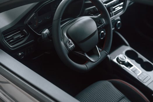 View of the steering, wheel and interior in modern car photo