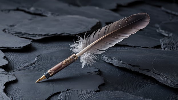Antique Gigapixel Standard Feather Quill With Ornate Design on Textured Black Surface photo
