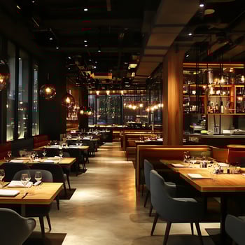 A restaurant with tables and chairs in the middle of a room photo