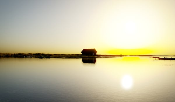 Cottage the water, deserted small house, lake, 3D illustration photo