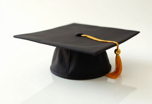 Academic Graduation Cap With Gold Tassel Placed On A White Reflective Surface photo