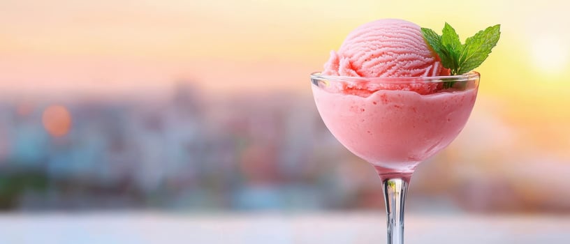 Refreshing strawberry ice cream dessert rooftop sunset food photography urban environment aesthetic viewpoint photo