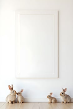 Four fluffy brown rabbits are positioned in front of a white frame photo