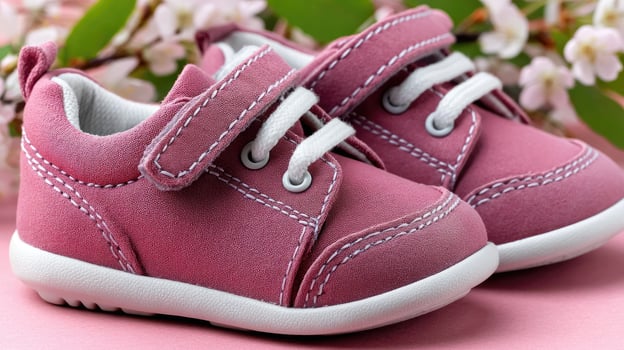 Pink baby shoes with white laces on a pink background photo