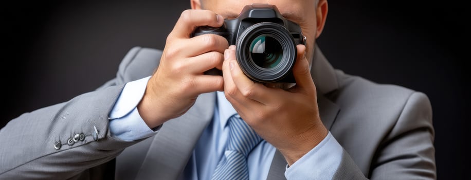A man in a suit is taking a picture with his camera photo