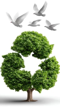 A green tree with white doves flying around it photo