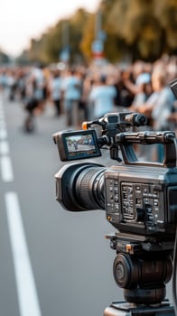 A camera is filming a crowd of people photo
