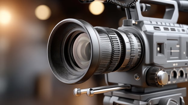 A camera is shown in front of a blurry background photo