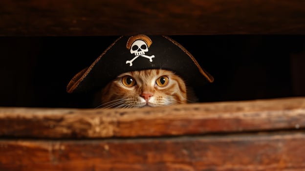 A sweet cat in a classic pirate hat cautiously peeks out photo