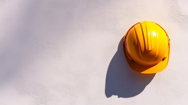 A yellow hard hat on a white wall photo