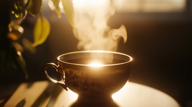 A warm and inviting cup of tea steams photo