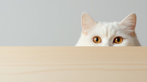 A white cat peeking over a wooden table photo