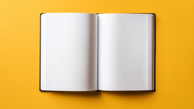 Open magazine with blank page on yellow background photo